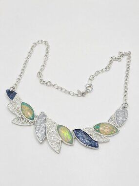 Silver Tone Leaf Statement Necklace Enamel & Iridescent Resin